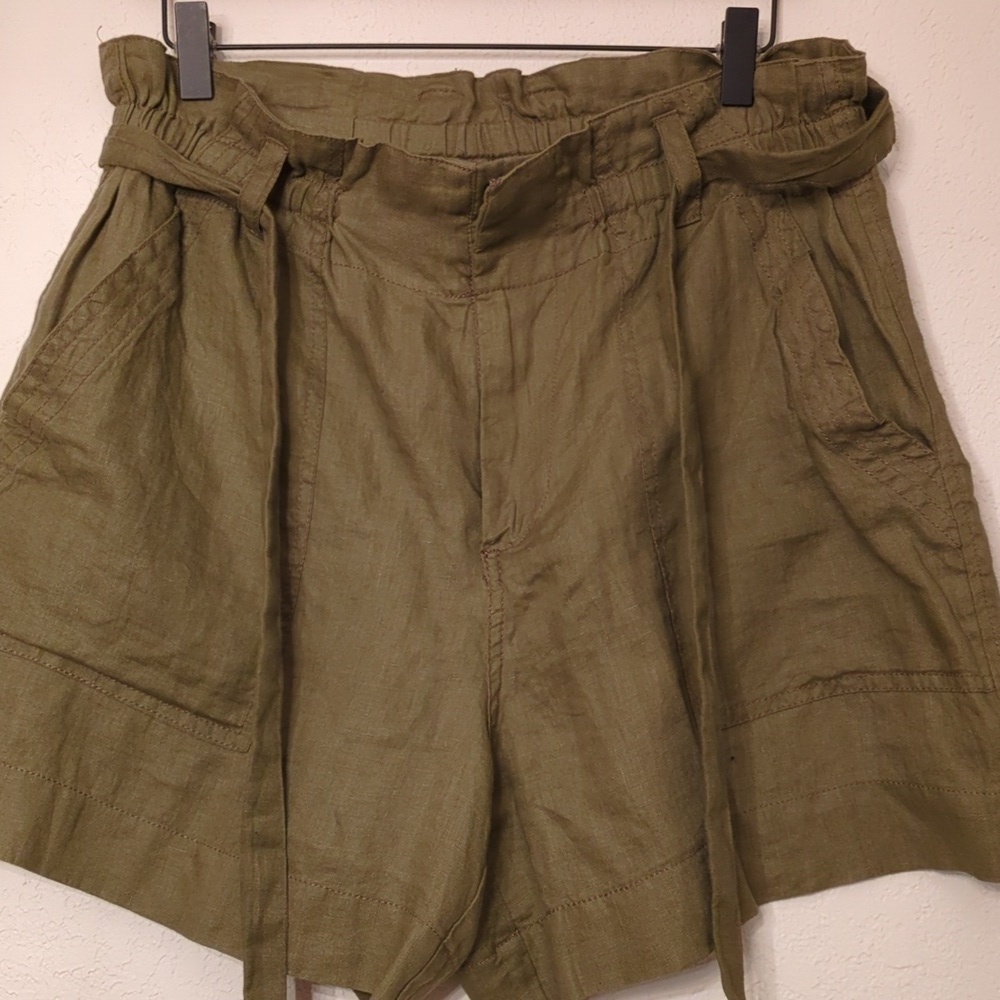 Magaschoni Linen Olive Green Tie Waist Minimalist Shorts Sz L Vacation Cruise